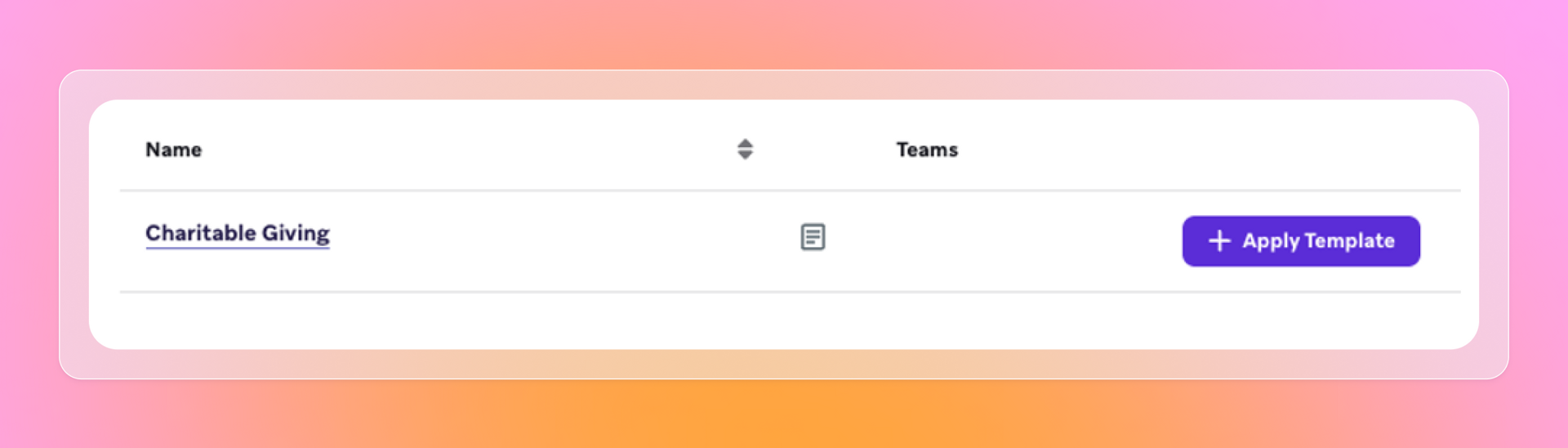 A template list shows “Charitable Giving” with a purple “Apply Template” button.