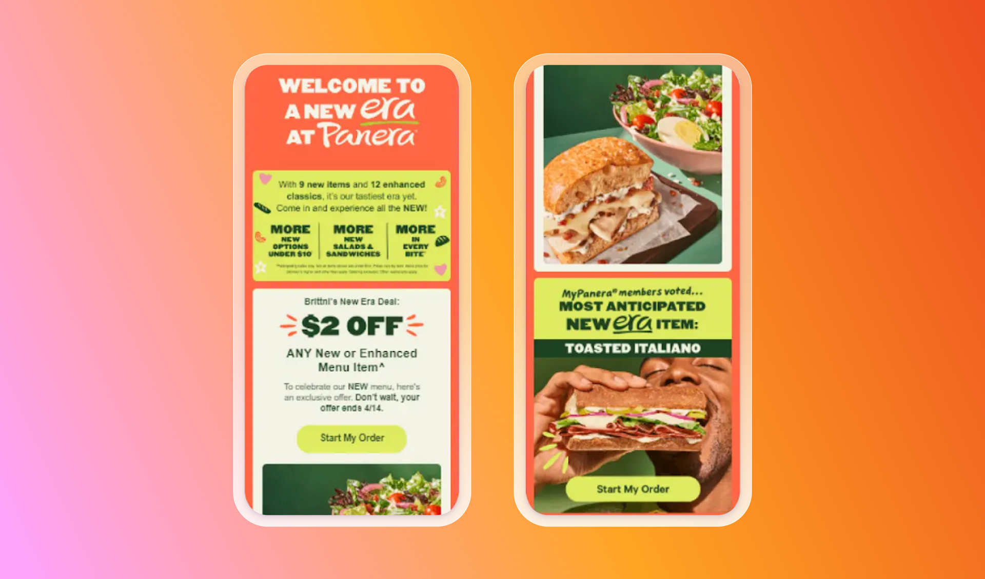 Two mobile screens display Panera Bread advertisements for their "New Era" menu, showcasing food items like sandwiches and a salad, and a "$2 OFF" deal.