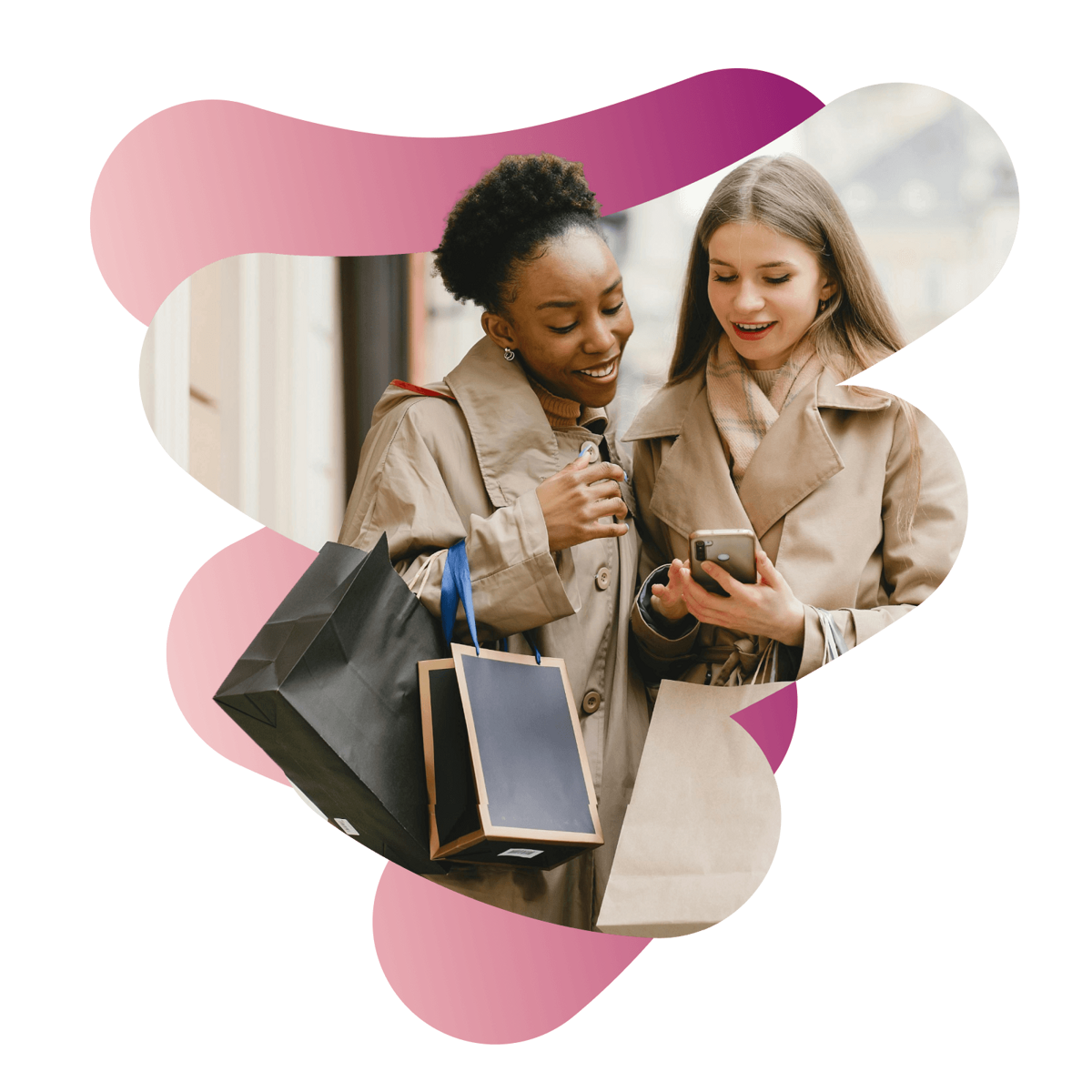 a woman holding a cellphone showing some information in it to another woman holding some bags. They look like they were doing shopping.