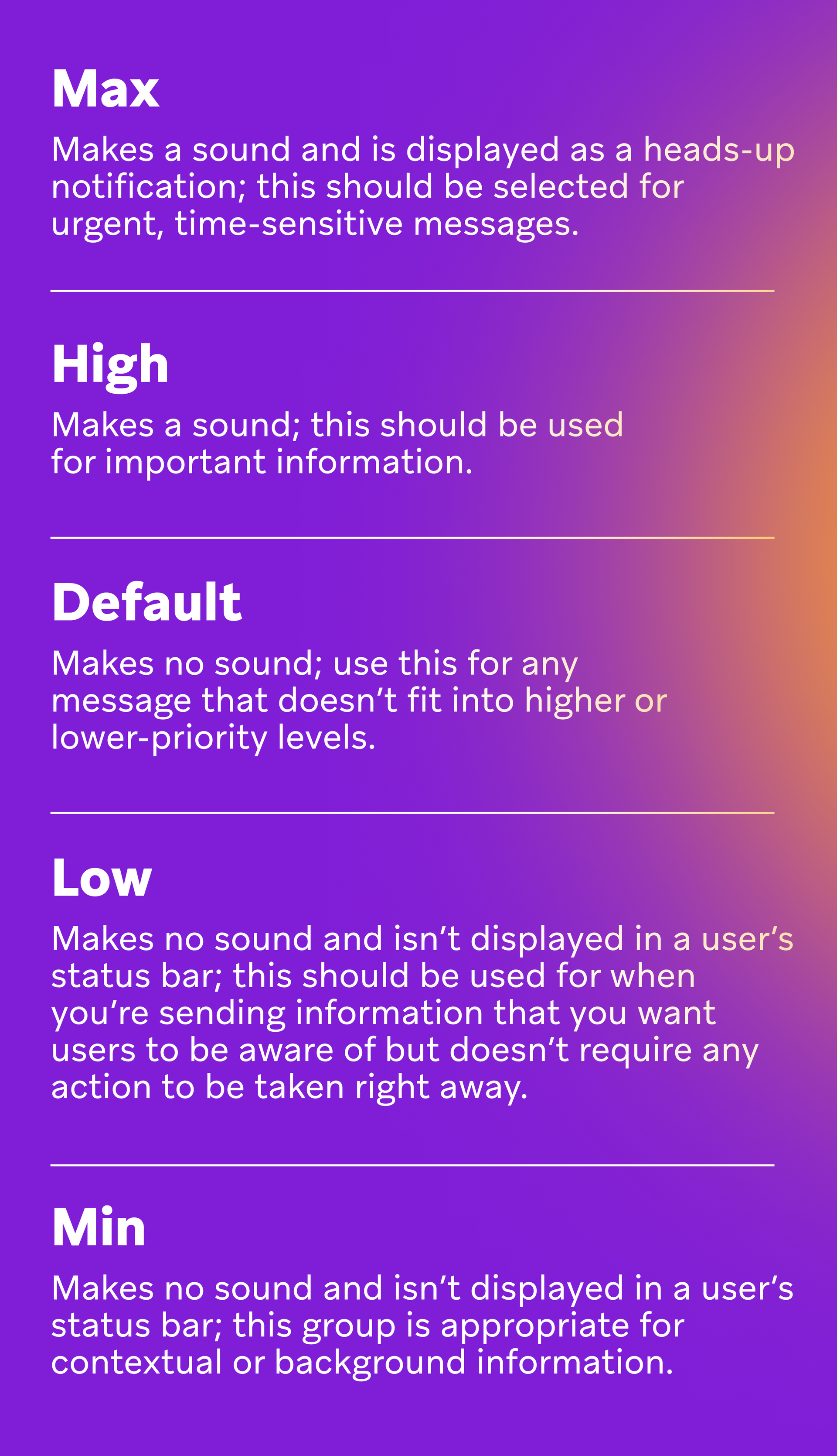 a purple background with white text that says max high default low and min