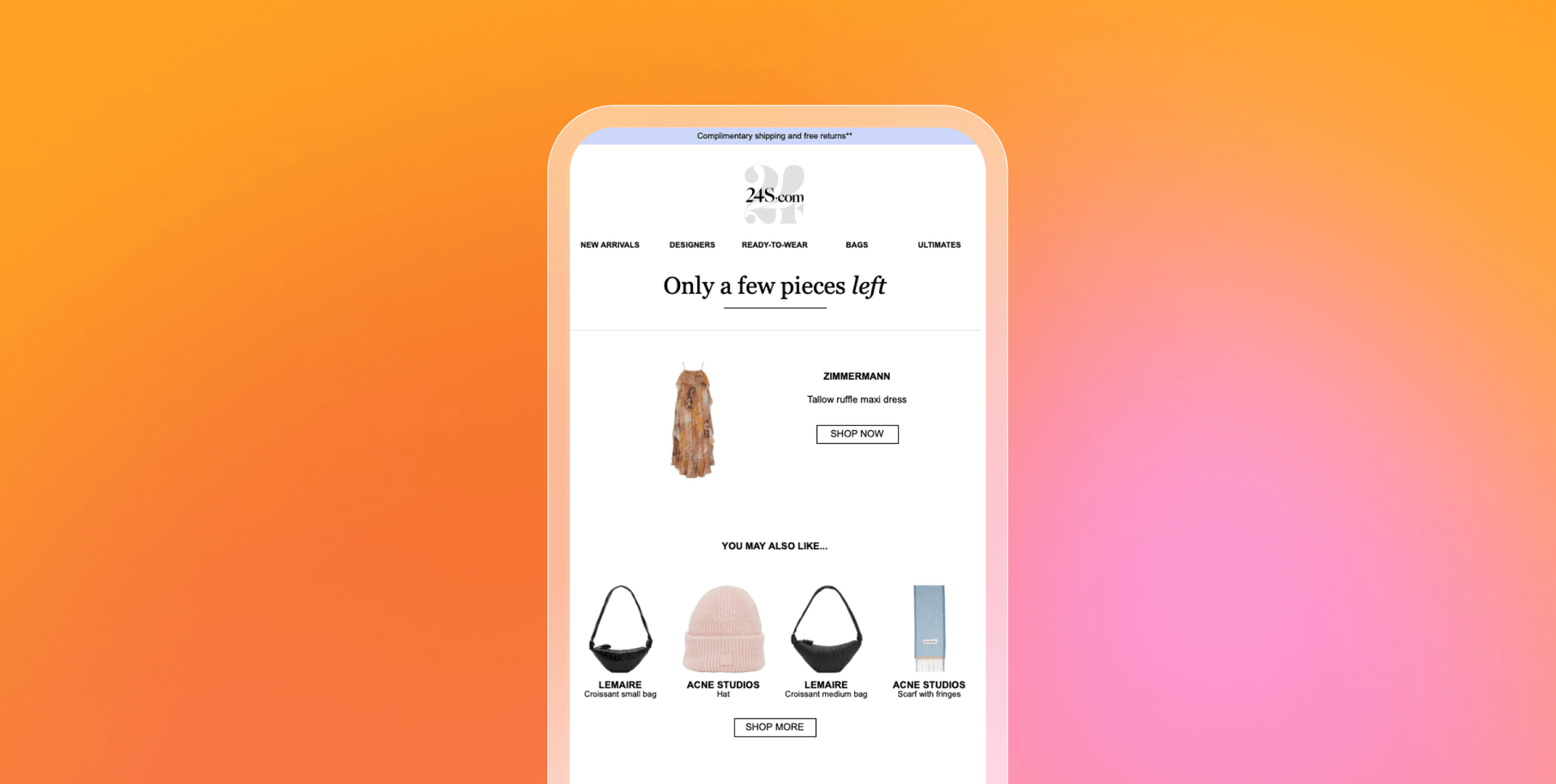 a phone screen shows a few pieces of clothing and says only a few pieces left