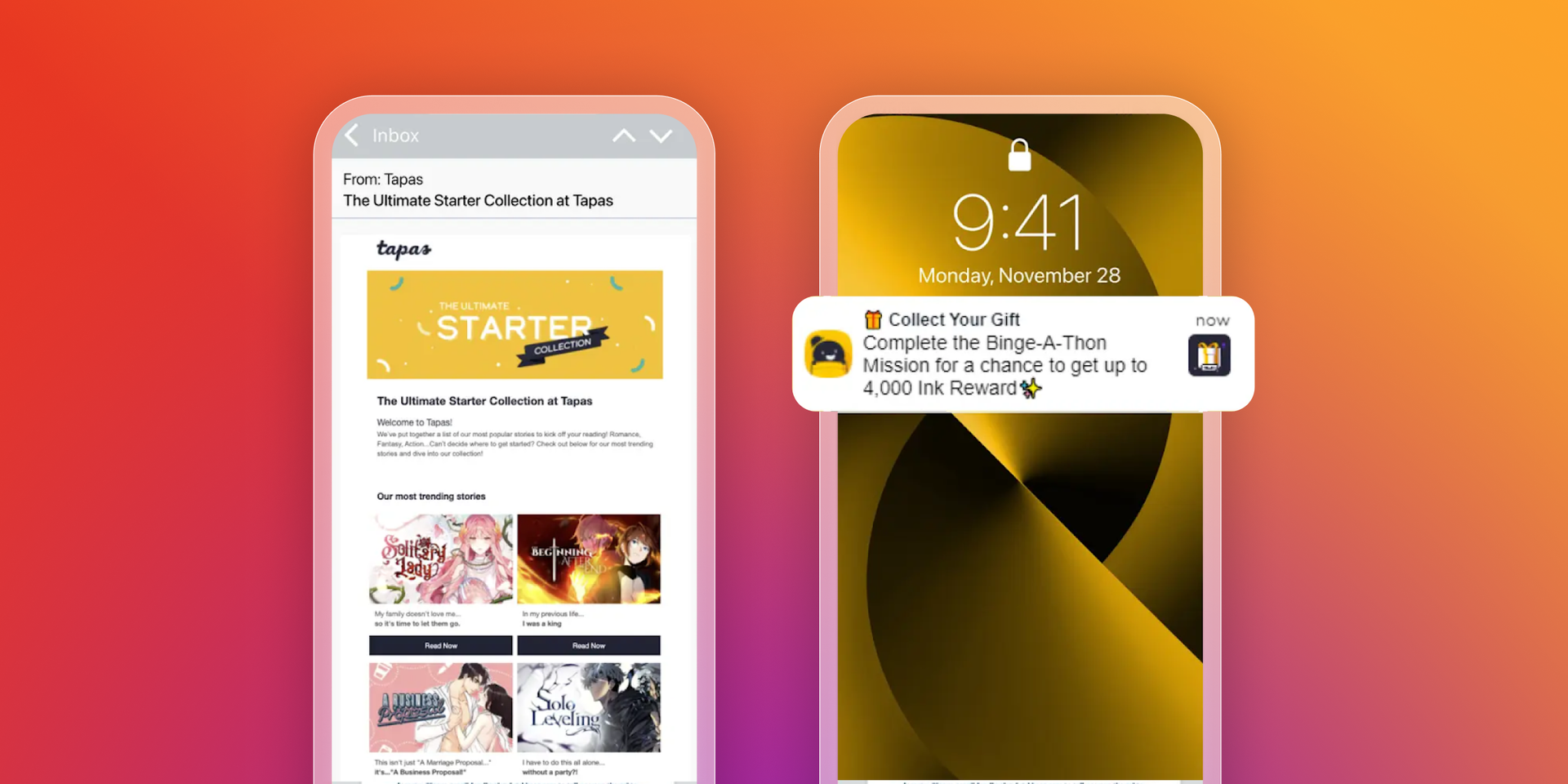 Two smartphones display app content: the left shows a Tapas email with comic recommendations, and the right shows a lock screen with a notification about a "Binge-A-Thon Mission" and "Ink Reward."