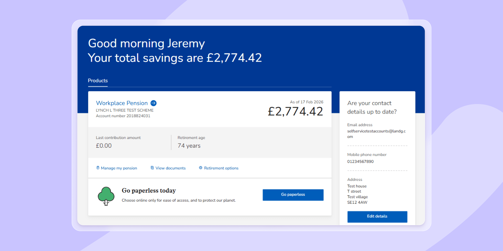 A digital dashboard displaying a Workplace Pension account with a total saving of £2,774.42, and contact details.