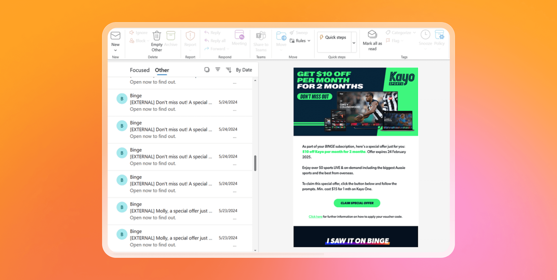 An email inbox displaying multiple unread Binge emails and an open Kayo Sports promotional email offering $10 off, featuring a soccer player.