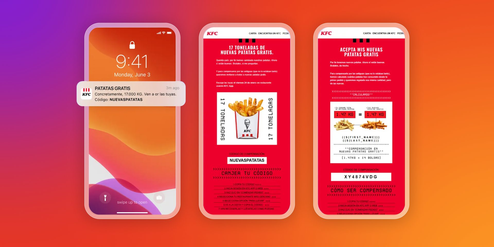 Three smartphone screens display a KFC app promotion for '17 tons of free fries,' shown as a notification and in-app pages.