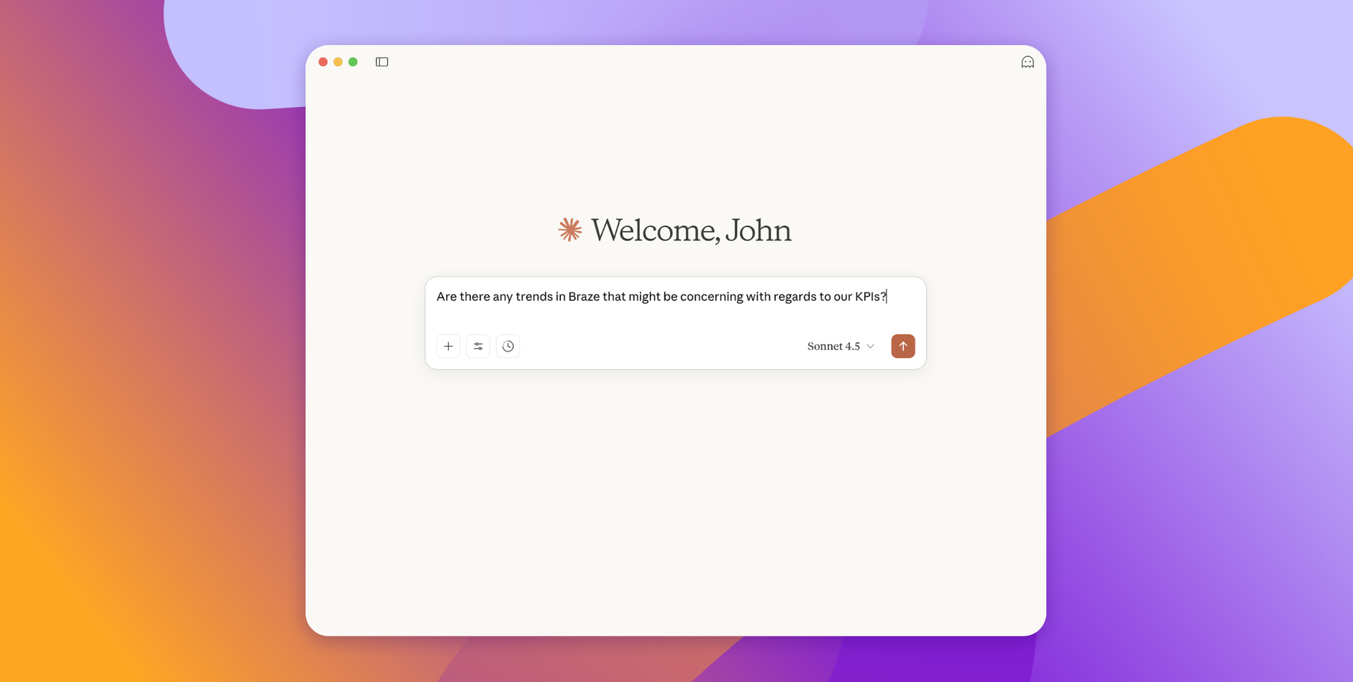 A desktop application displaying "Welcome, John" and a text input asking about trends in Braze concerning KPIs.