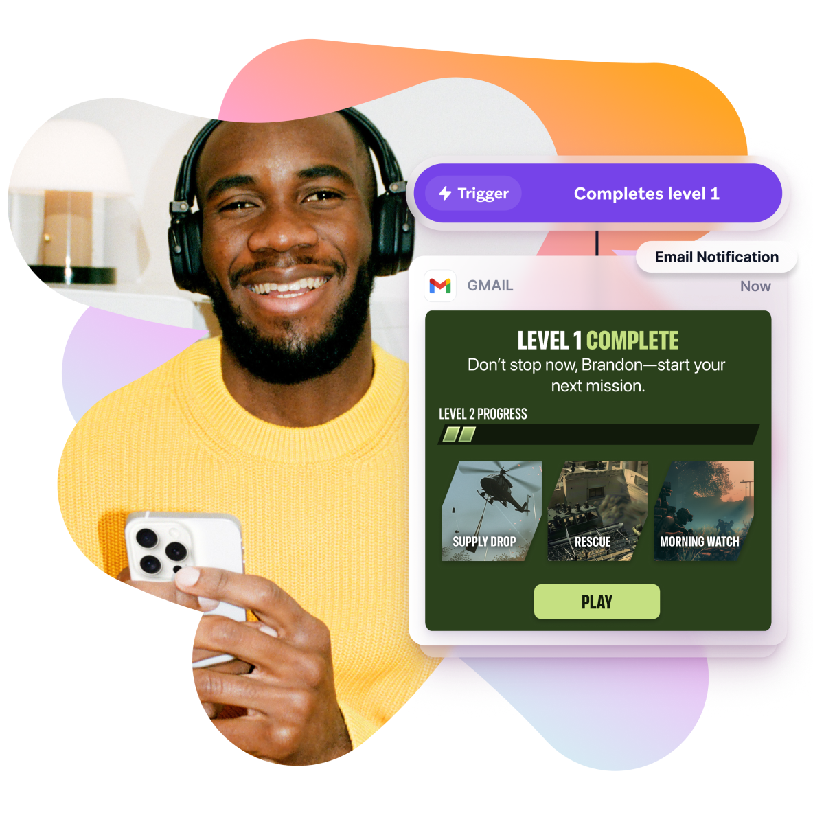 a man wearing headphones is holding a cell phone next to a screen that says level 1 complete