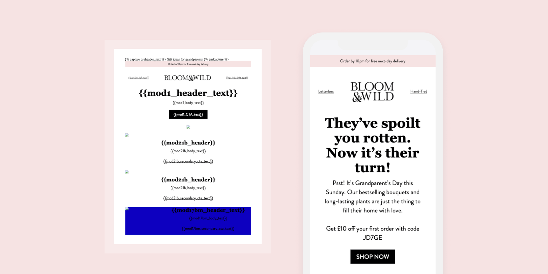 Comparison of a Bloom & Wild email template with placeholders and its finished mobile version.