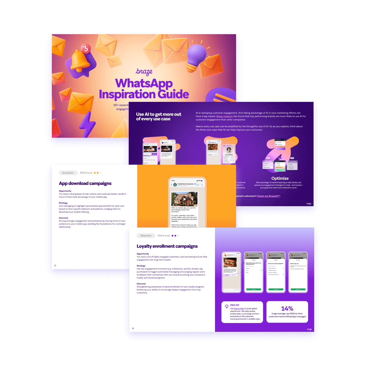 Multiple pages of the "Braze WhatsApp Inspiration Guide" are displayed, showing text, graphics, and mobile phone screenshots demonstrating WhatsApp campaign strategies.