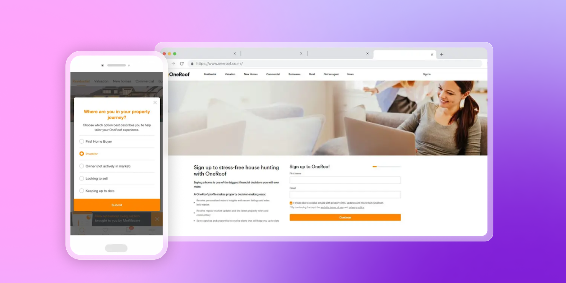 A smartphone displaying a OneRoof property journey questionnaire next to a laptop showing the OneRoof website signup form.