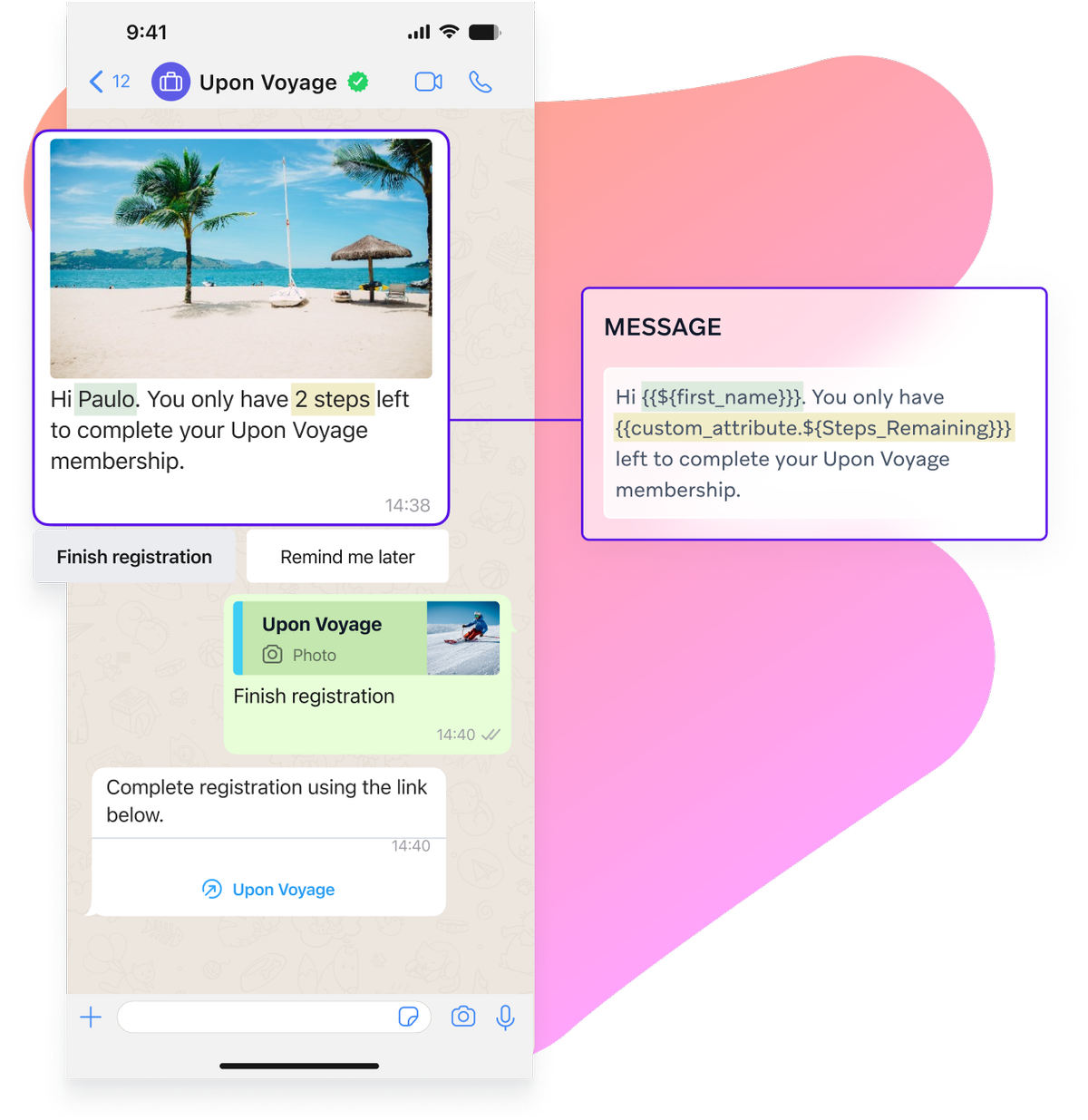 a phone screen showing a message from upon voyage