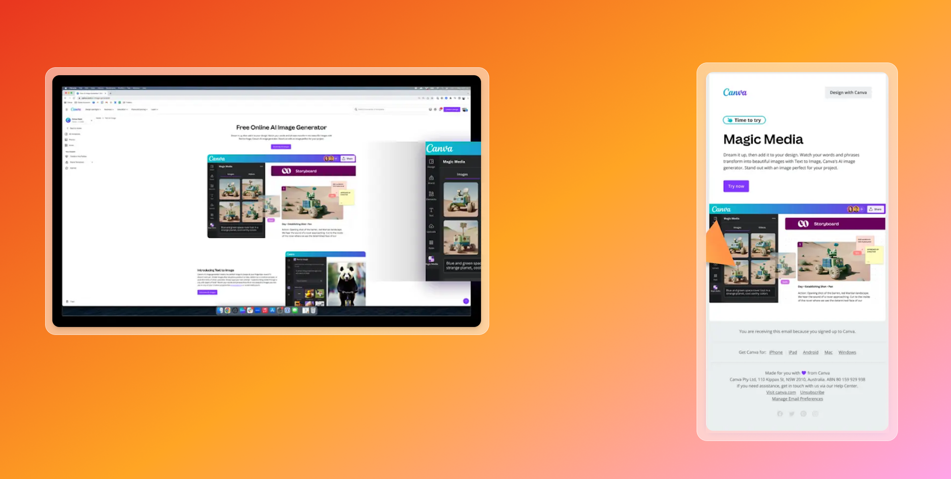 A laptop and a smartphone displaying Canva's AI image generation tools with example AI art.