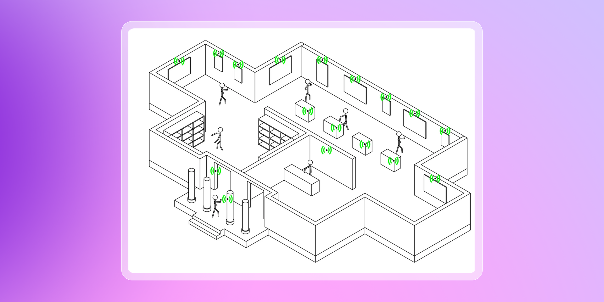 an isometric drawing of a store with a purple background