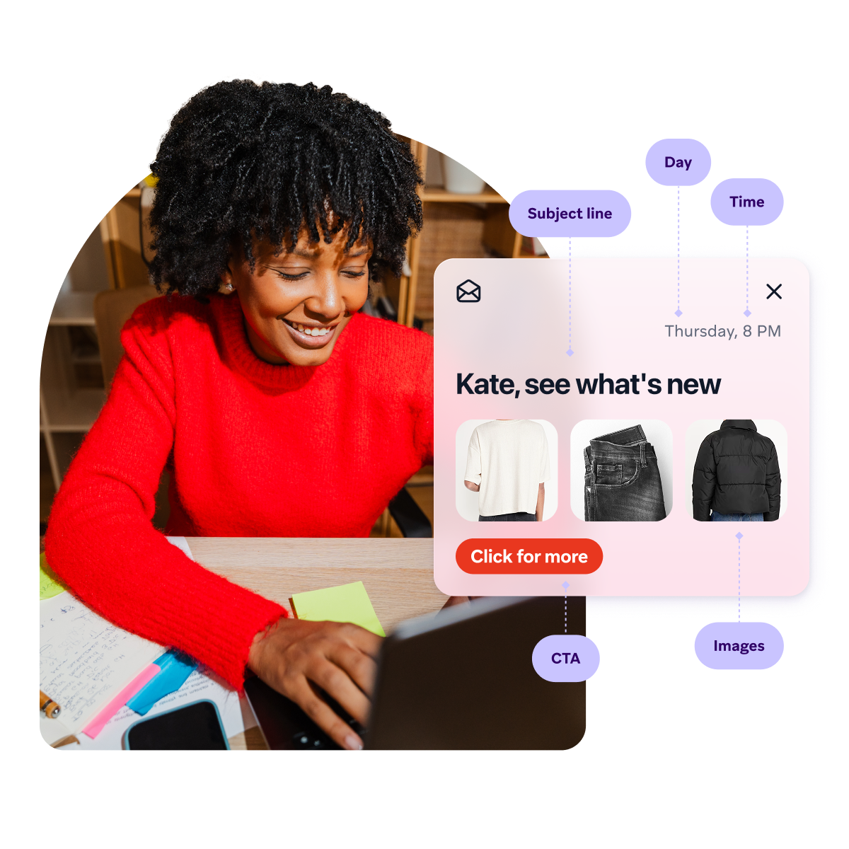 Smiling woman works on a laptop beside prompts to create dynamic segments, write personalized emails, find product affinities, and respond in real time.