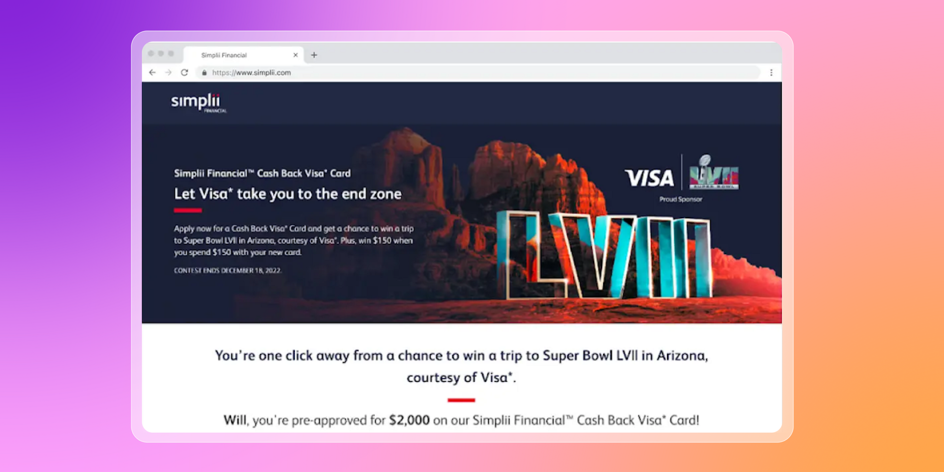 Simplii Financial webpage promoting a Cash Back Visa card and a Super Bowl LVII trip giveaway, with a large "LVII" graphic against a desert landscape.