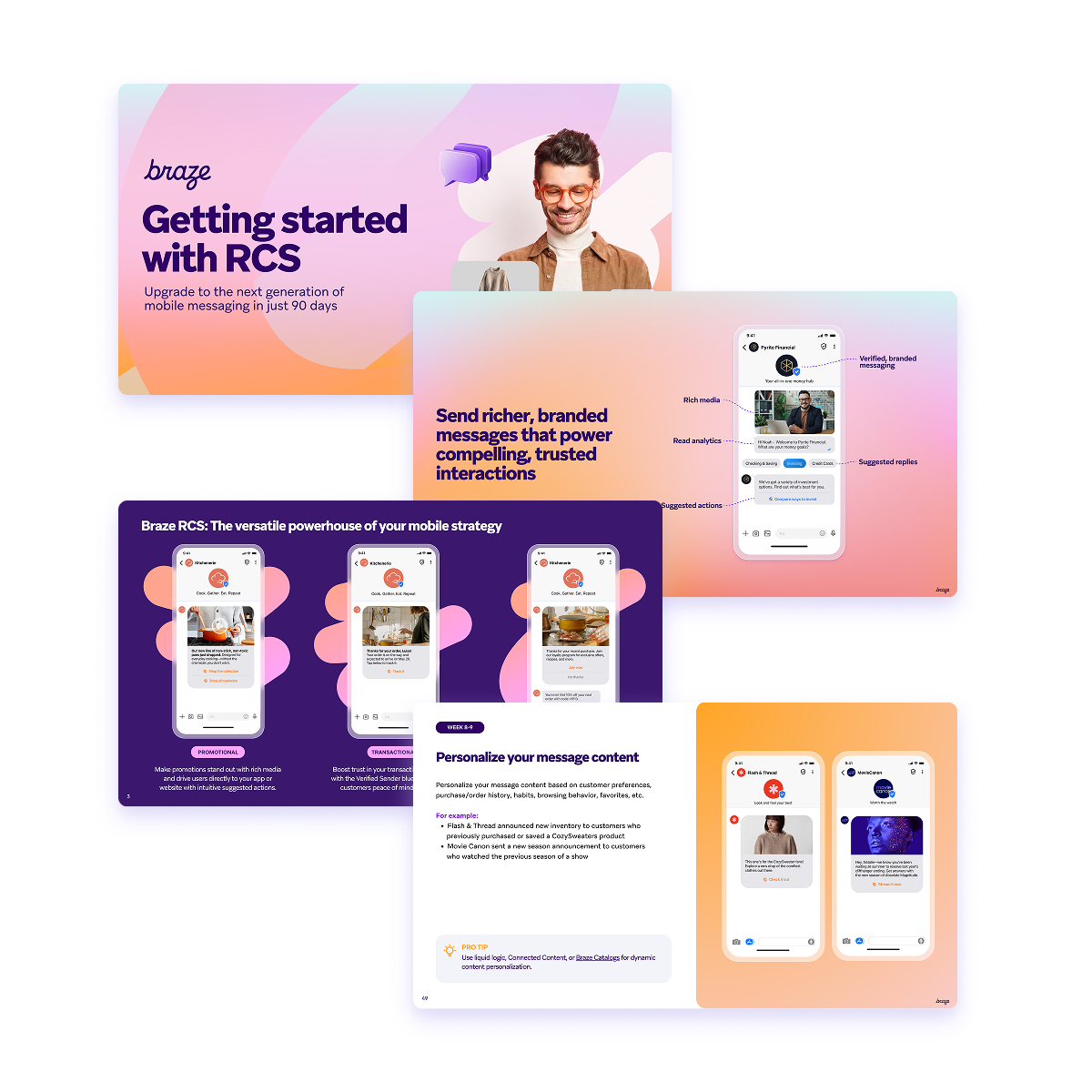 Overlapping marketing slides for Braze RCS, featuring phone screens demonstrating rich, personalized mobile messaging.
