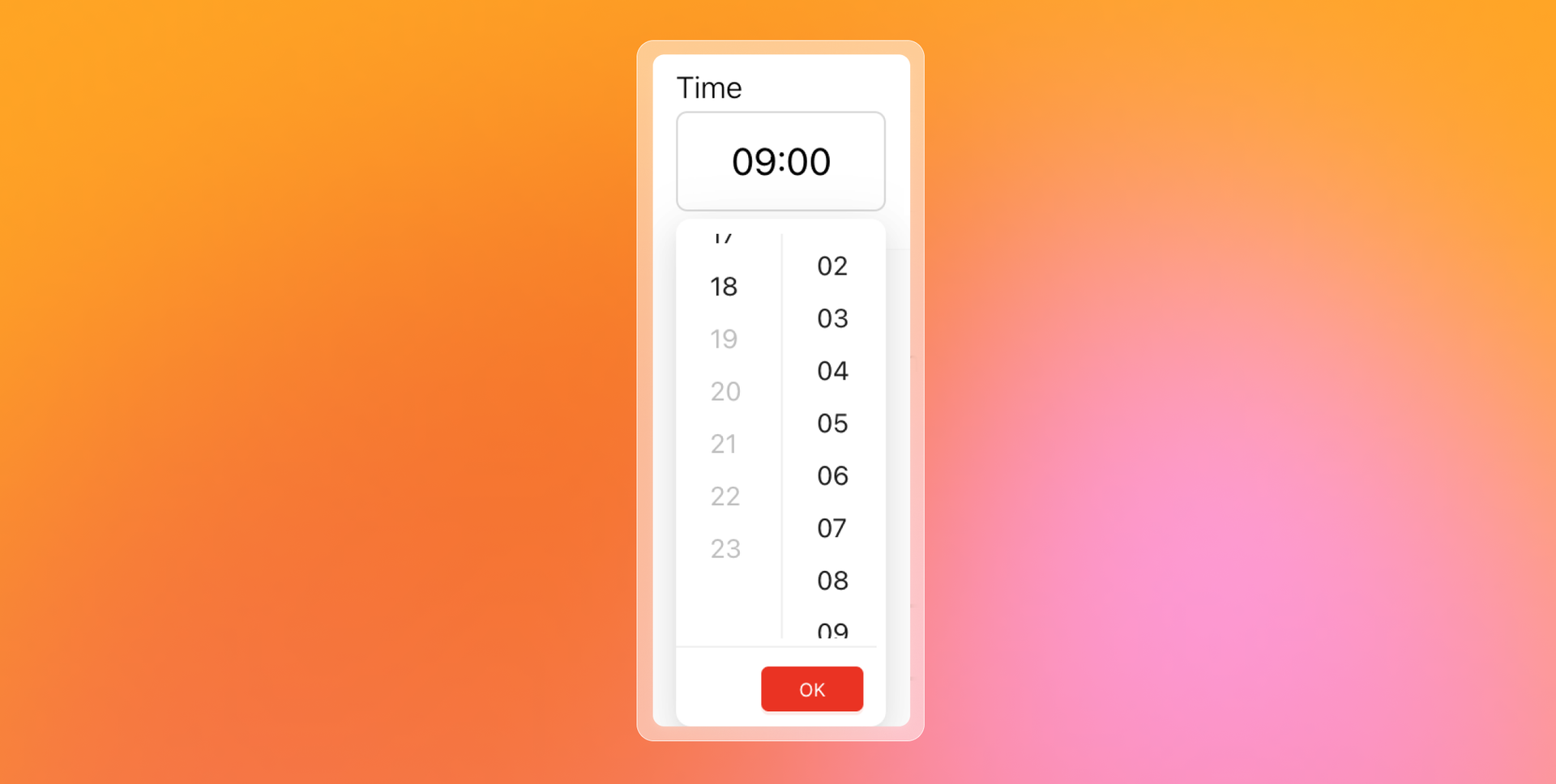 Digital time picker UI showing 09:00 with scrollable hour and minute selectors and an OK button.