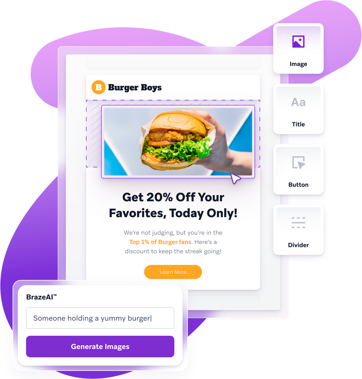 Marketing design interface showing a Burger Boys promo email with a photo of a hand holding a burger, alongside drag-and-drop tools and an AI text box that says “Someone holding a yummy burger.”