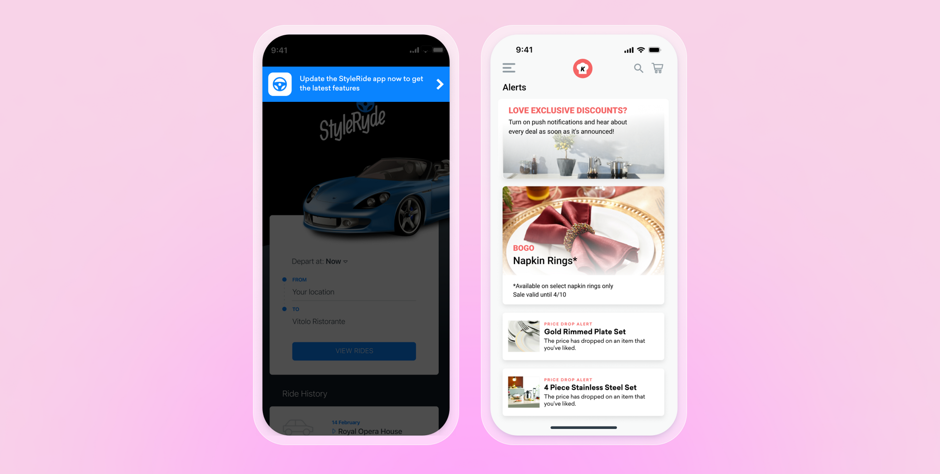 two cell phones with one showing a car and the other showing napkins rings