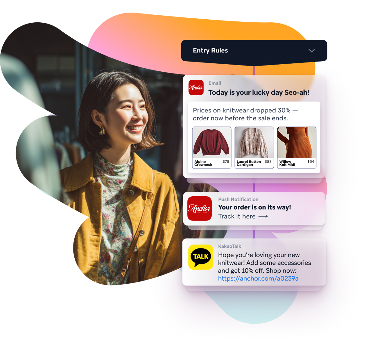 Smiling woman looking at shopping notifications for sales, order updates, and discounts.