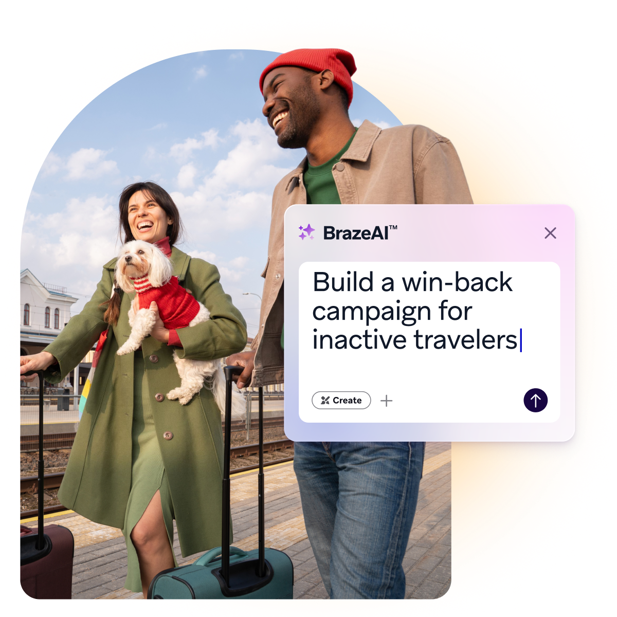 Two smiling travelers with luggage and a small dog stand on a train platform beside a BrazeAI prompt to build a win-back campaign for inactive travelers.