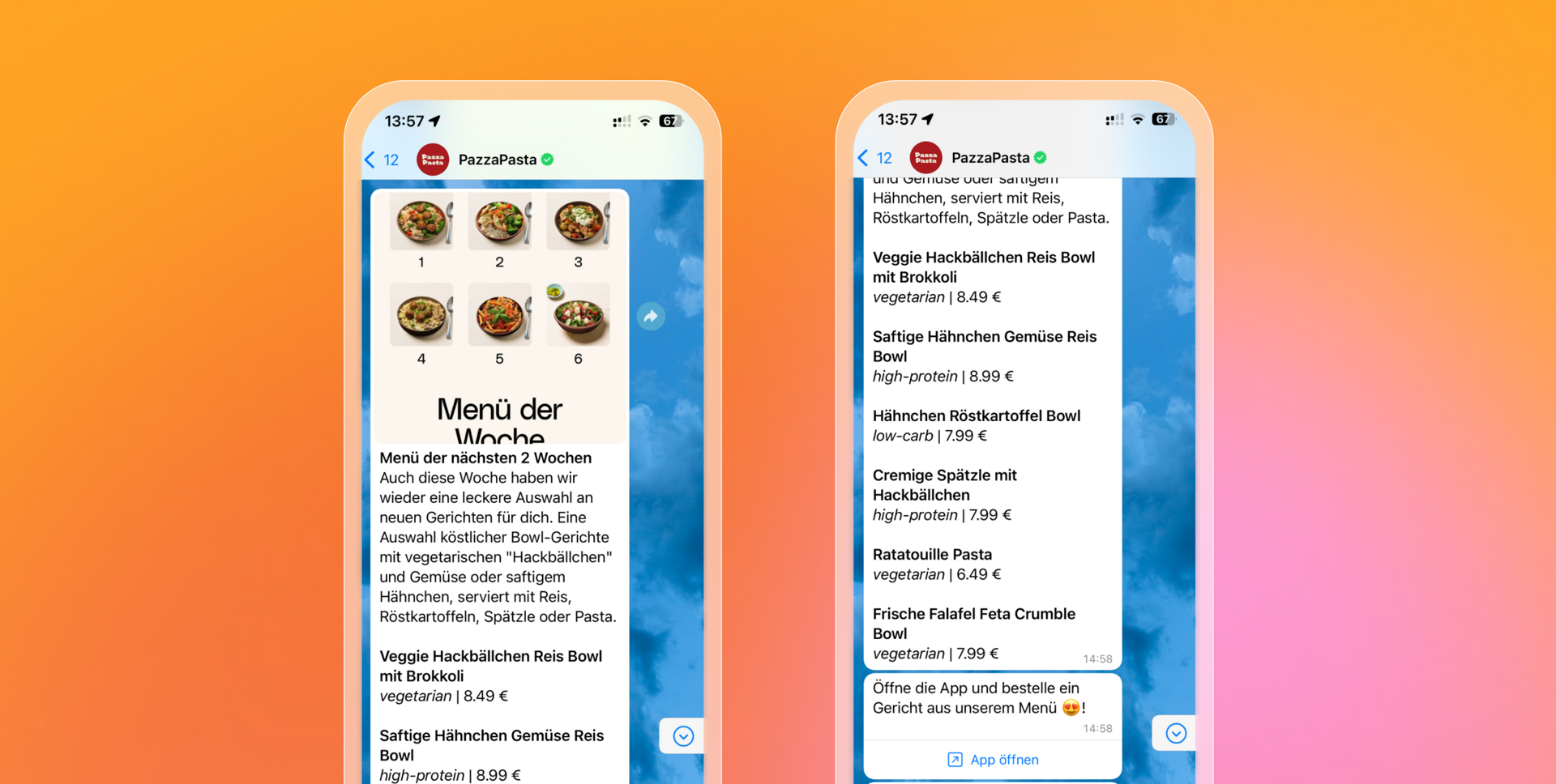 Two WhatsApp messages showing the menu of the week