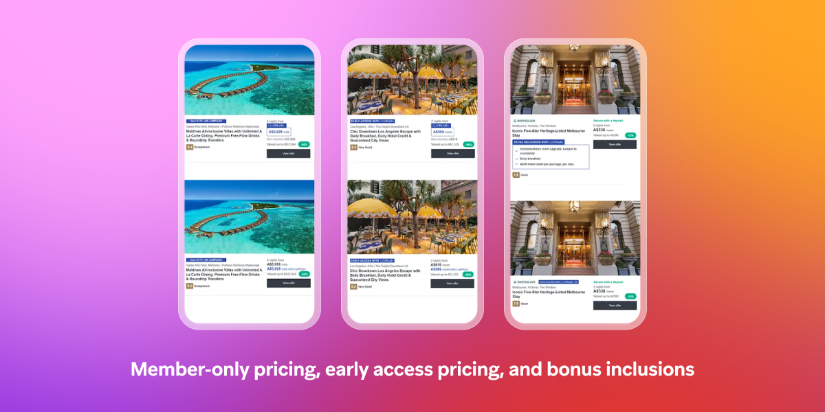 Three smartphones displaying hotel booking apps with luxury properties, advertising member-only pricing, early access, and bonus inclusions.