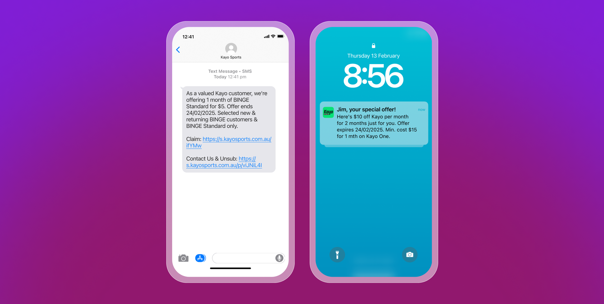 Two iPhones displaying Kayo Sports promotional offers: one as an SMS, the other as a lock screen notification.