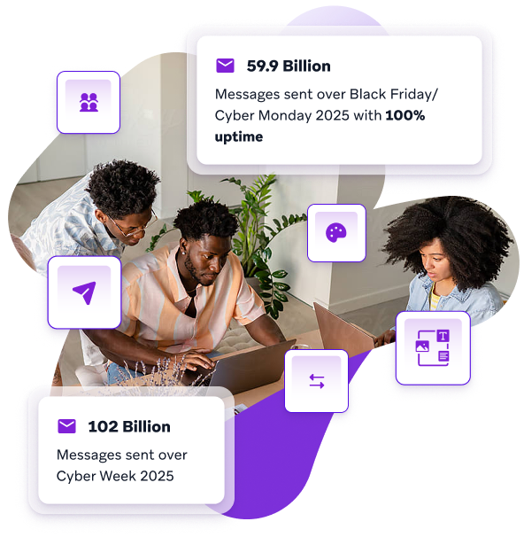 Three people work on laptops amidst purple abstract graphics and text boxes displaying billions of messages sent during Cyber Week and Black Friday/Cyber Monday 2025.