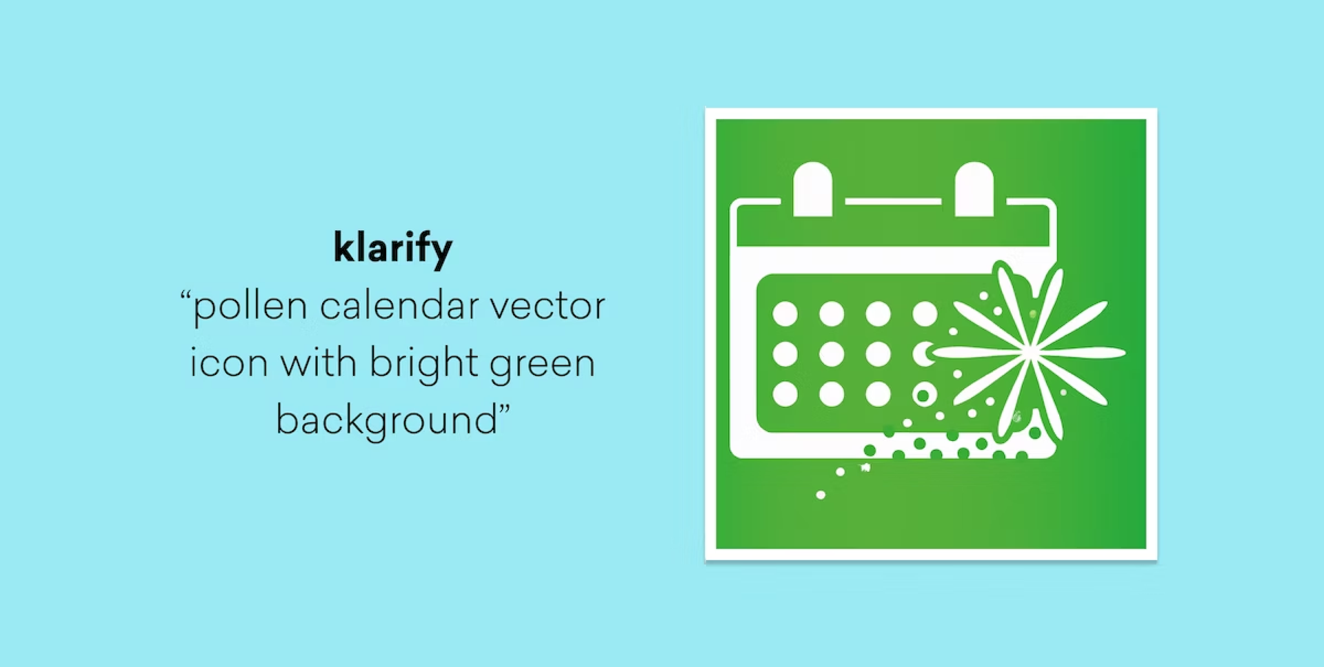 The word 'klarify' and text ""pollen calendar vector icon with bright green background"" next to a white calendar and pollen icon on a green square.