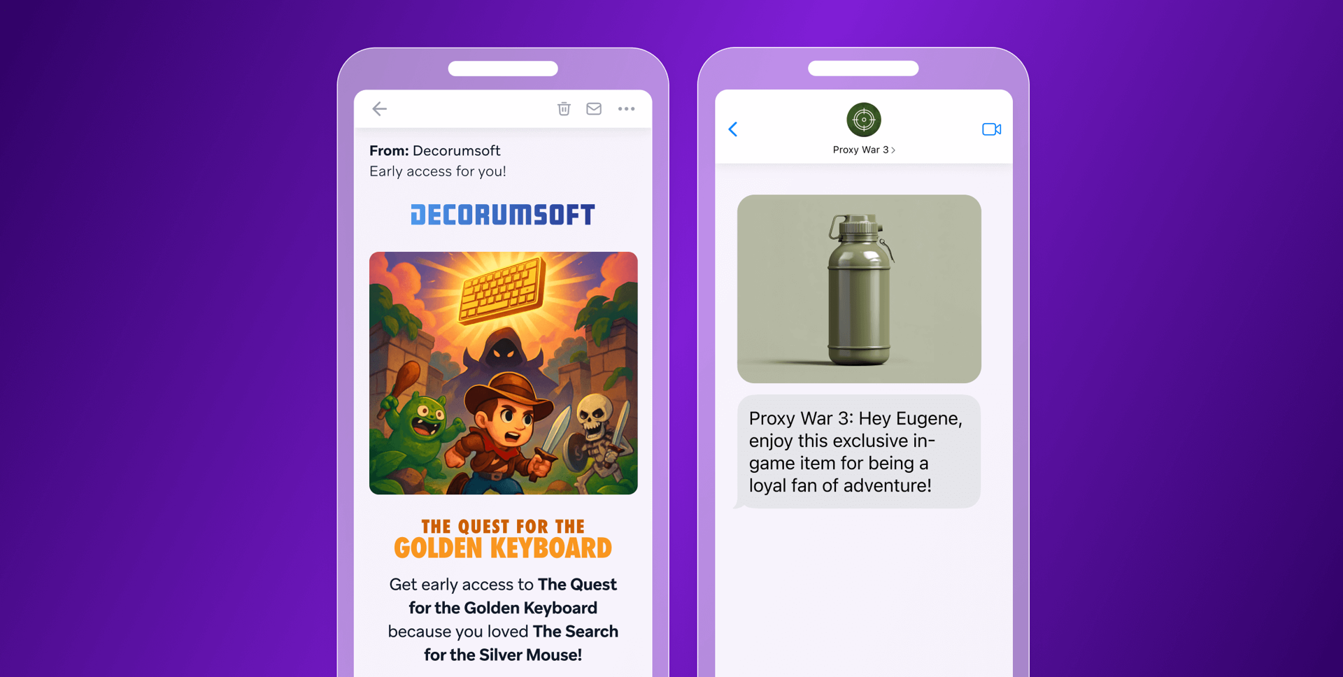 a purple phone with an advertisement for the quest for the golden keyboard