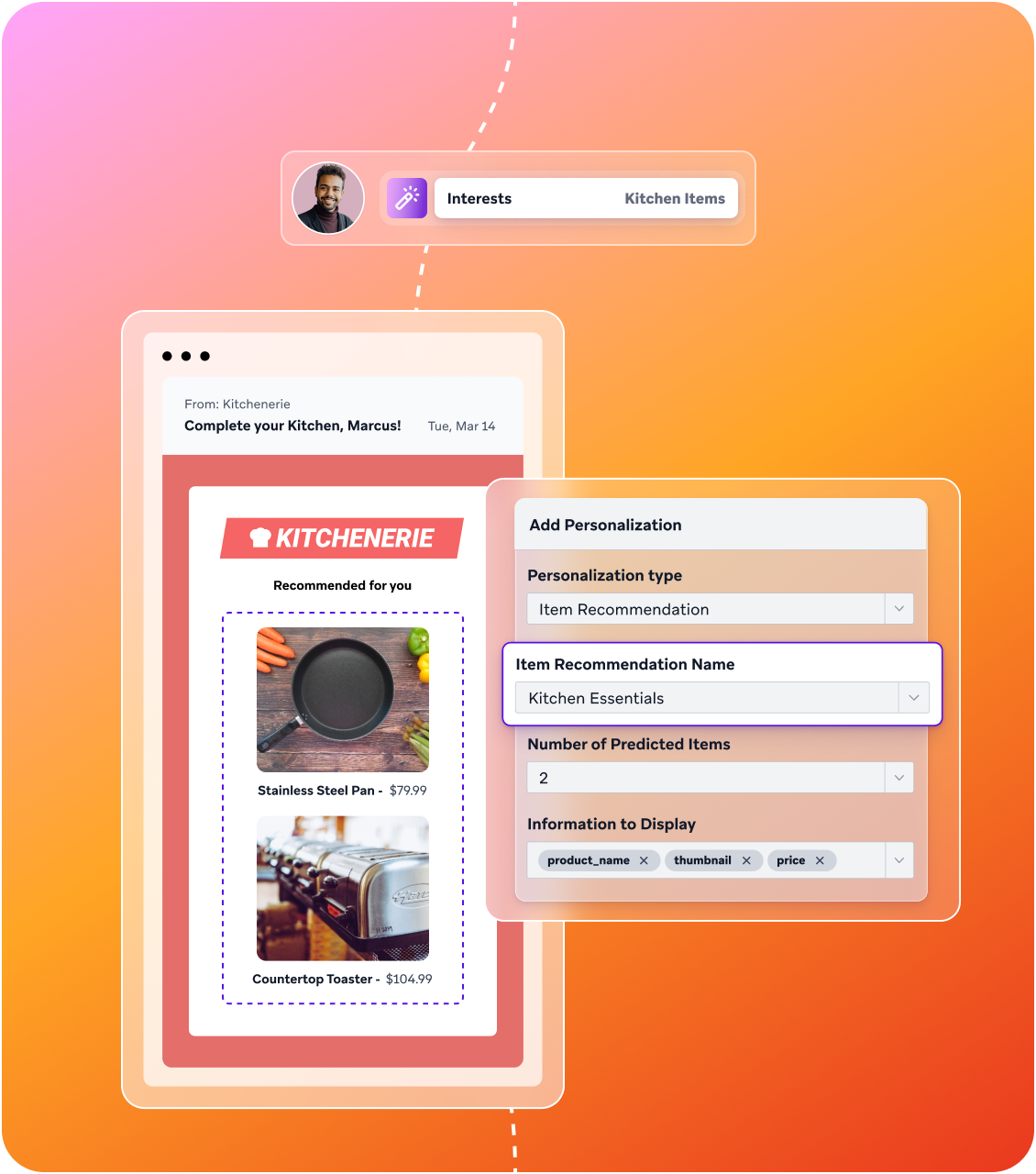 Elements of the Braze Sage AI interface next to an example message created in part by Sage AI.