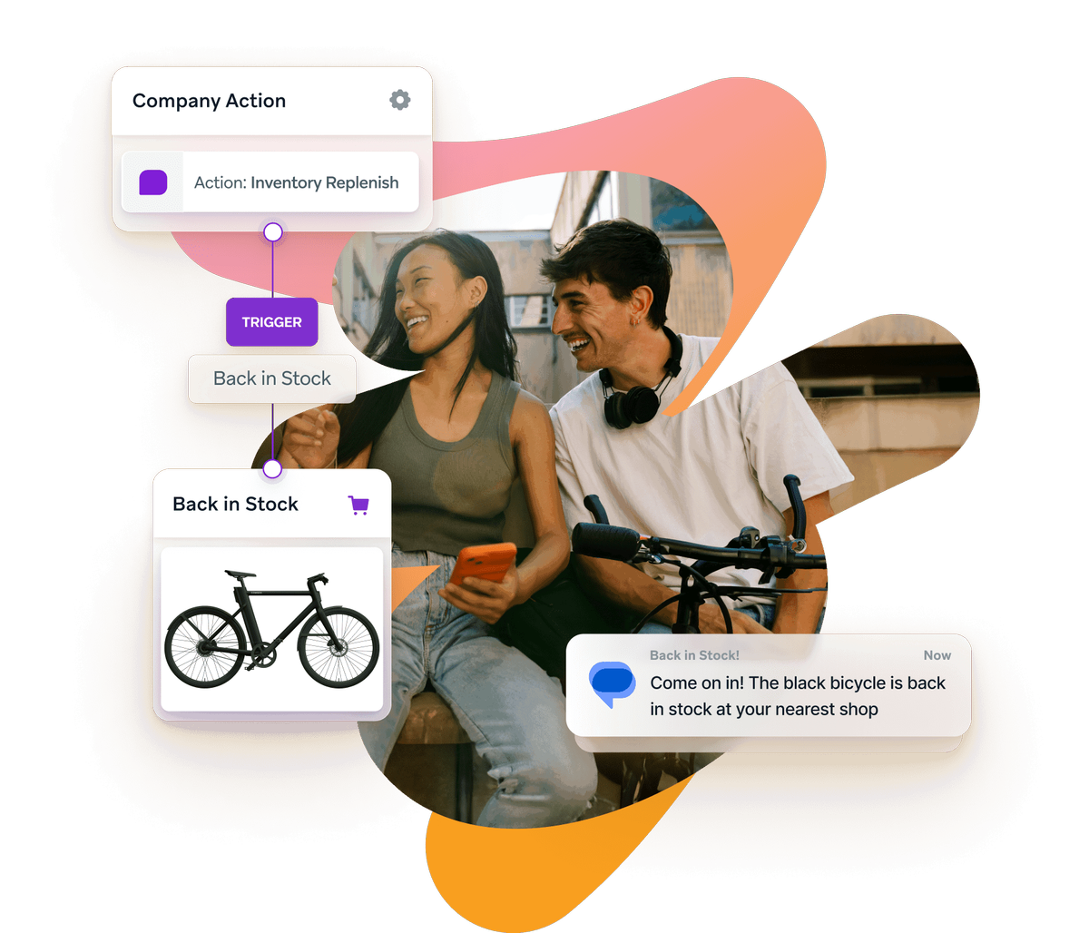 a man and woman are sitting on a bench with a bicycle in the background