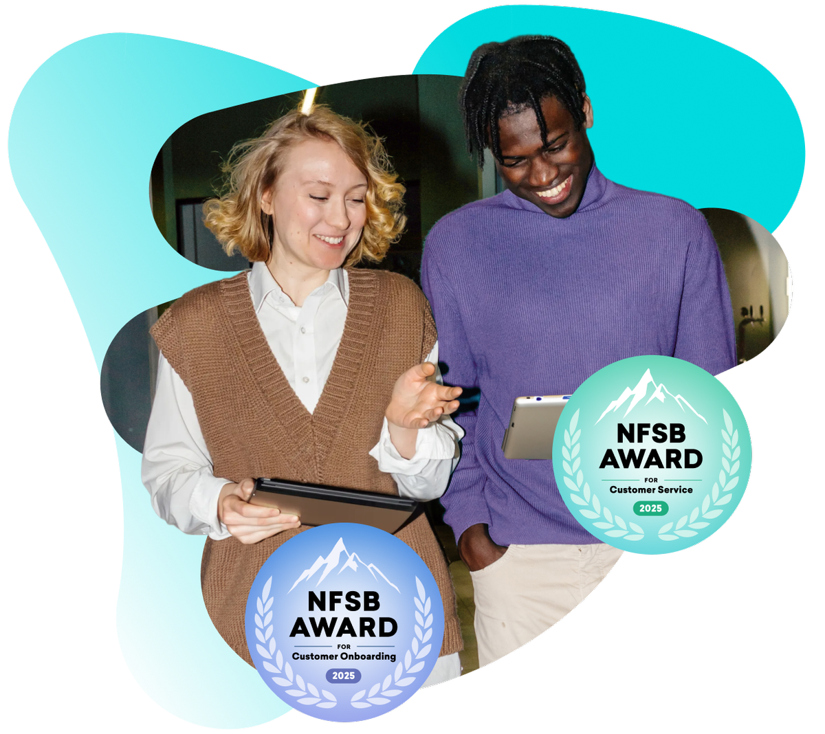 Two smiling people looking at a tablet, overlaid with "NFSB AWARD for Customer Onboarding 2025" and "NFSB AWARD for Customer Service 2025" badges.