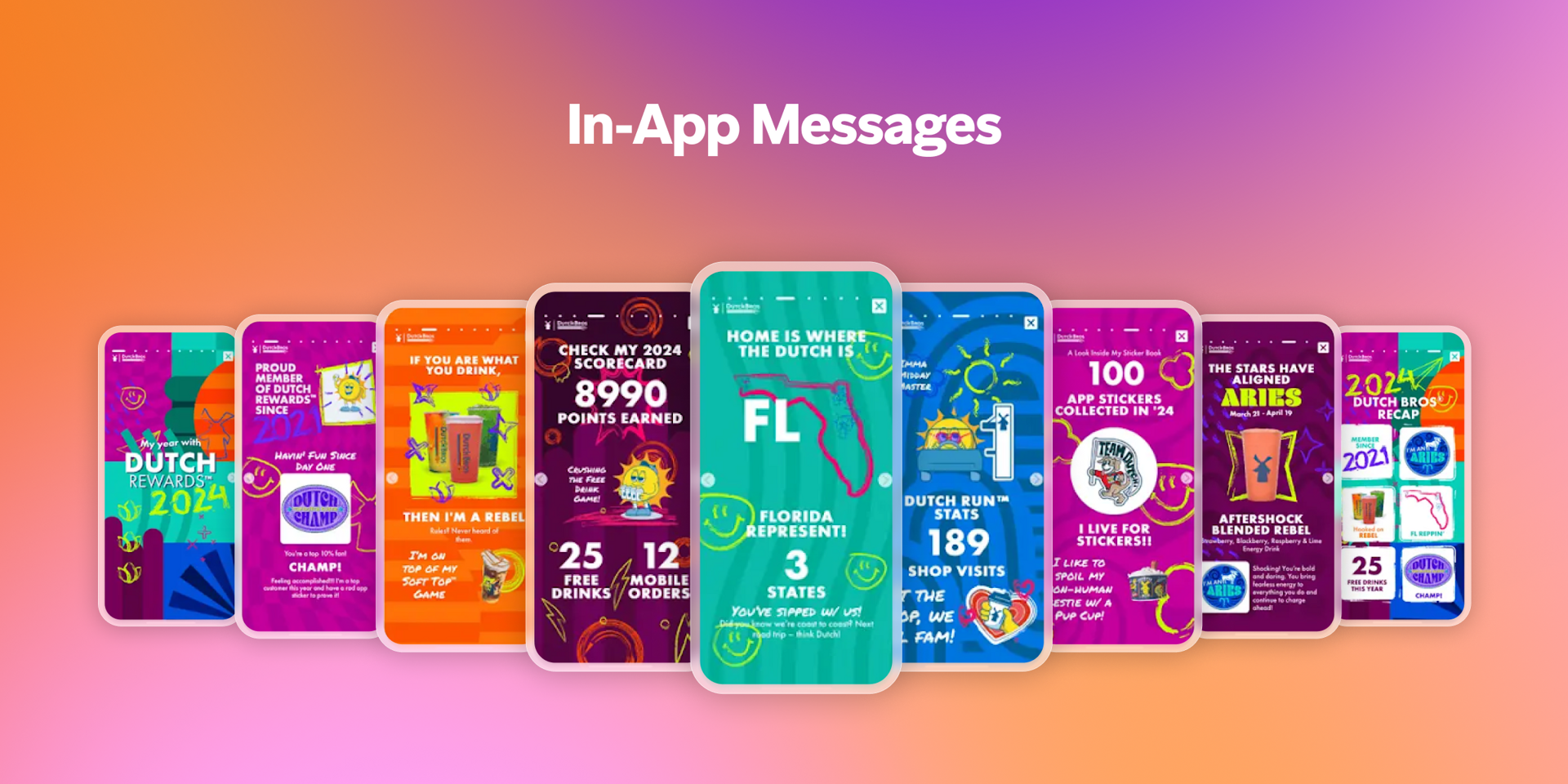 A lineup of smartphones displaying various colorful in-app messages for a loyalty program.
