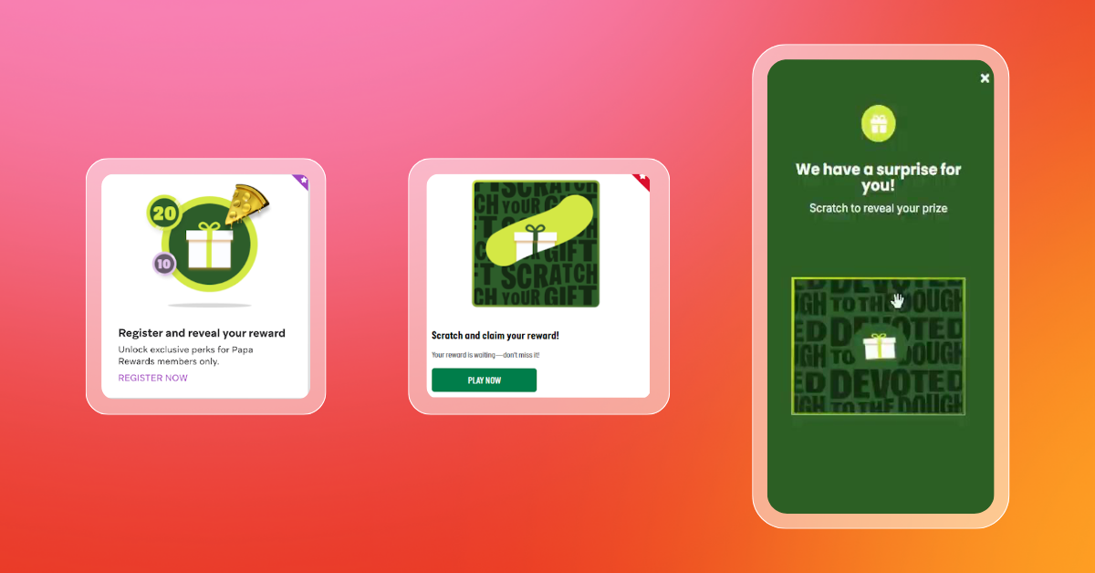 Three stages of a digital scratch-off reward program, from registration to revealing a prize on a smartphone screen.