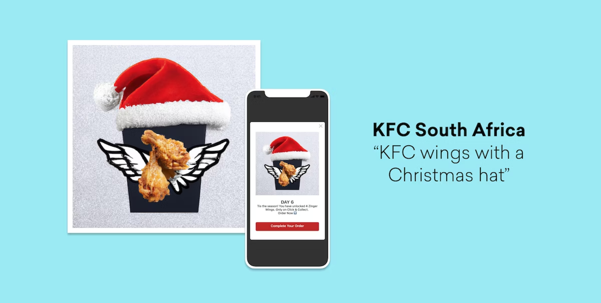 KFC South Africa mobile app featuring a bucket of chicken drumsticks and wings wearing a Santa hat.