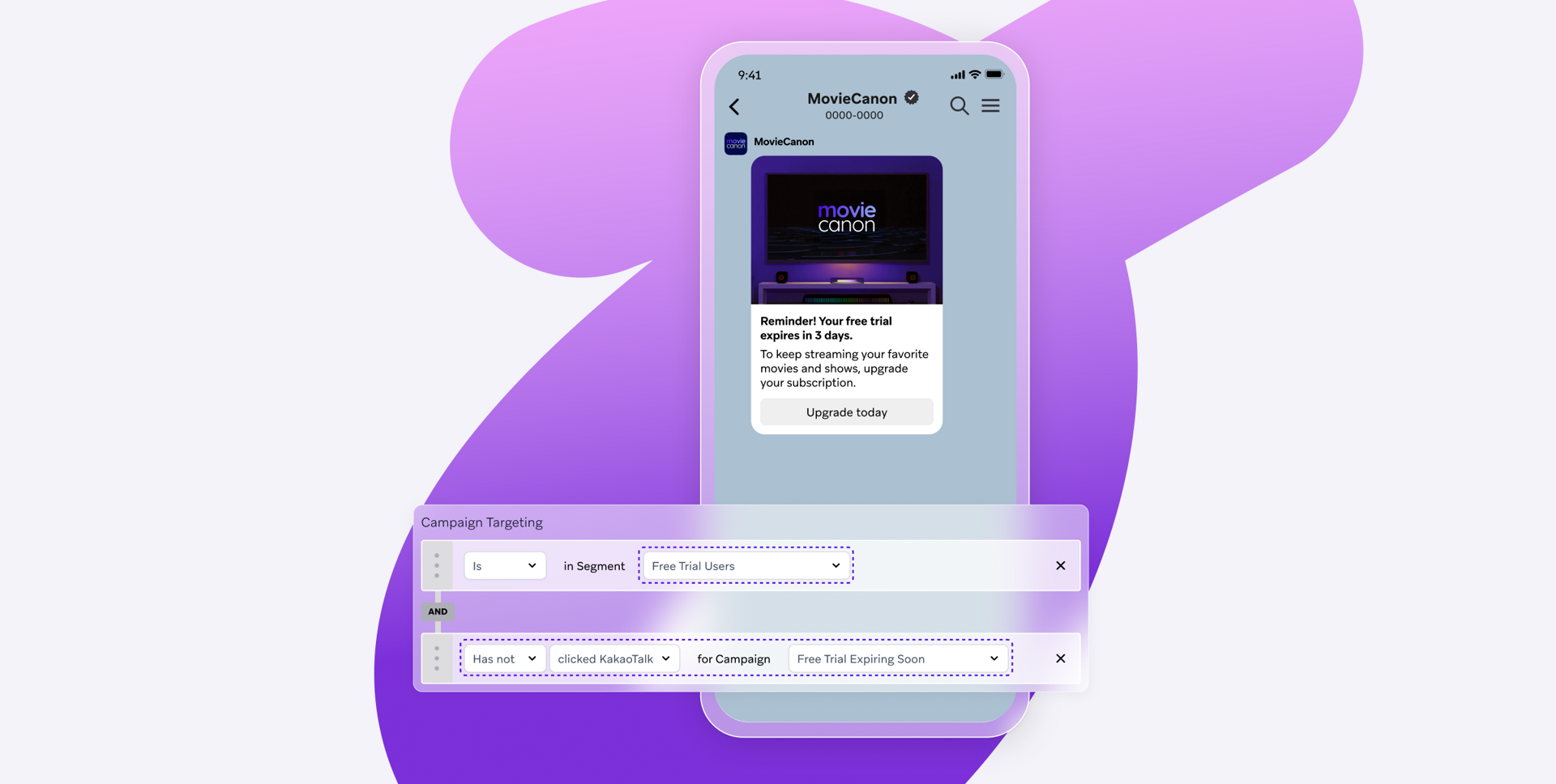A smartphone displays a "Movie Canon" app with a trial expiration reminder, alongside a "Campaign Targeting" interface defining rules for free trial users.