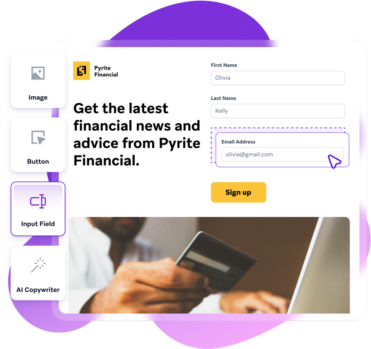 a sign up page for pyrite financial shows a man holding a credit card