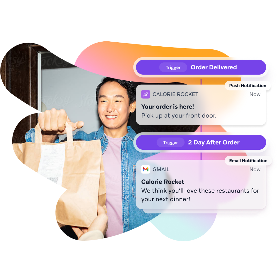 a man holding a bag of food and a calorie rocket notification