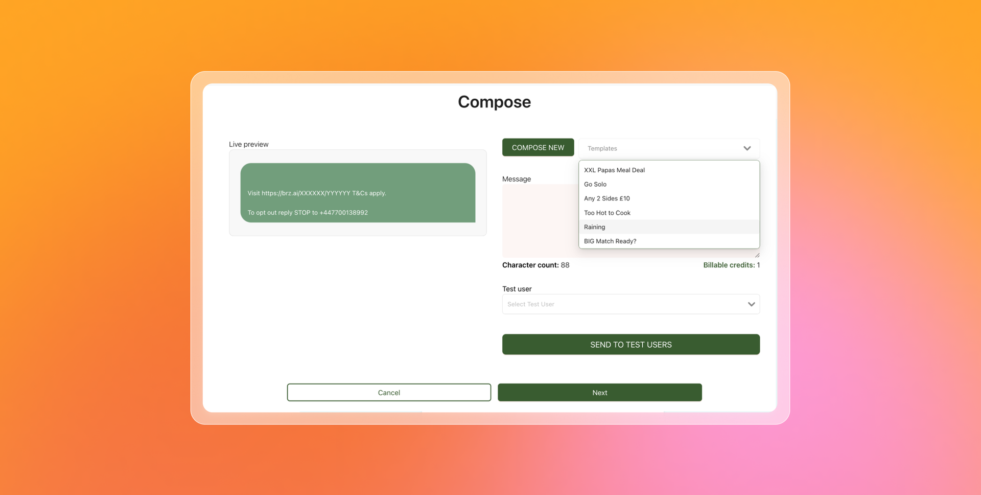 A "Compose" screen displaying message templates, a live preview, and input fields for creating a message or notification.
