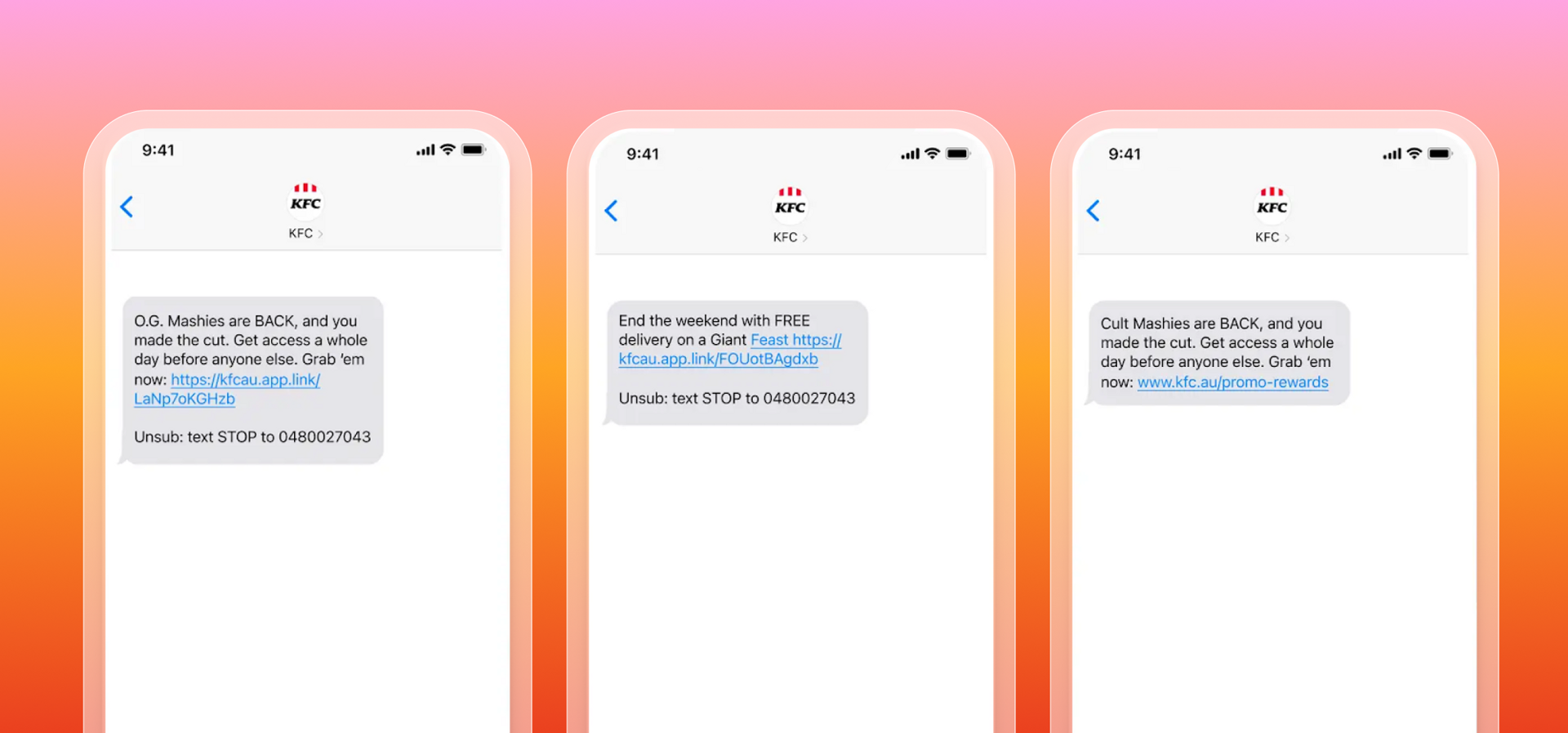 three sms messages from kfc