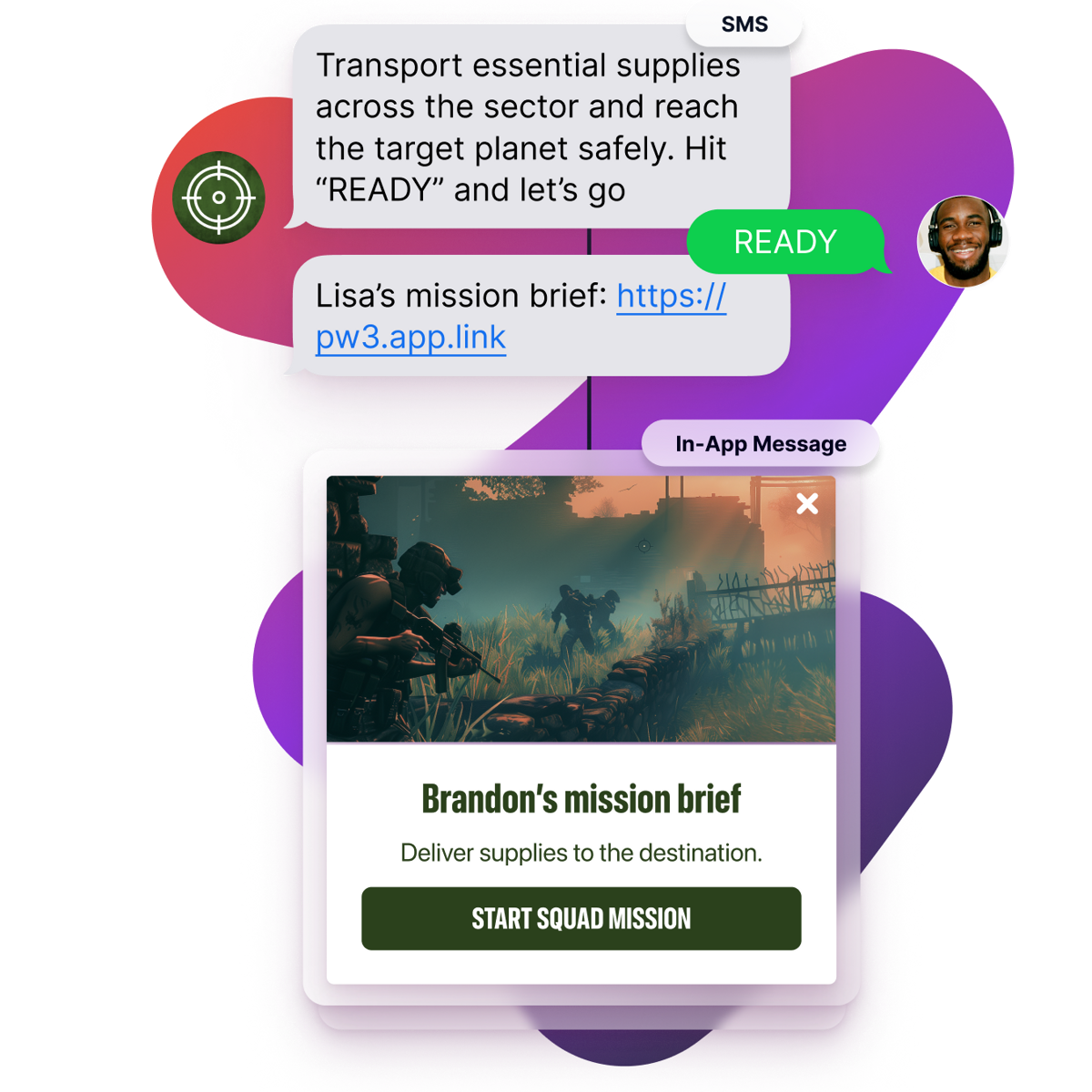 Illustration of a mobile SMS and in-app message showing a gamified mission brief about delivering supplies, with a background image of soldiers in a battlefield.