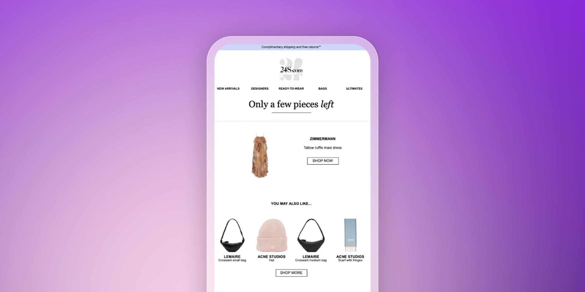 A mobile phone displaying an e-commerce website with a "few pieces left" skirt and other accessories, against a purple gradient background.