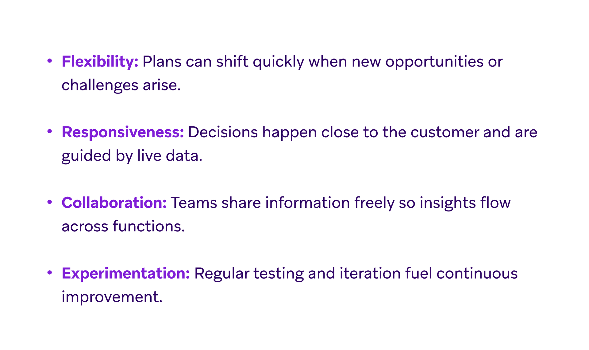 Text listing definitions for Flexibility, Responsiveness, Collaboration, and Experimentation.