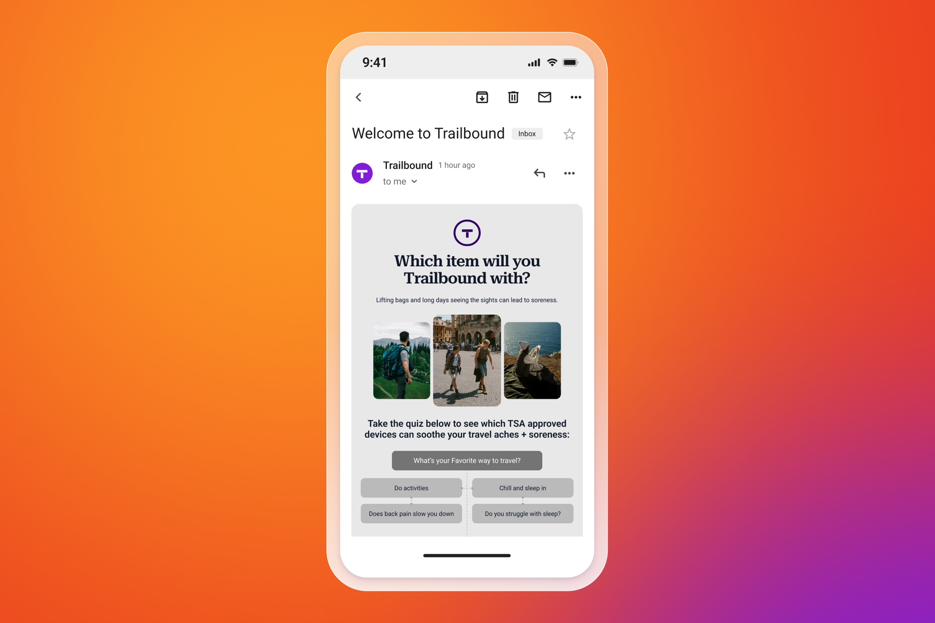 A smartphone displaying a 'Trailbound' email with a travel quiz and related images.