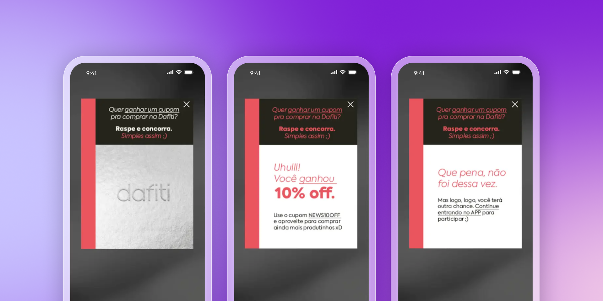 Three smartphone screens display a Dafiti scratch-off game, showing the initial state, a 10% off win, and a loss.