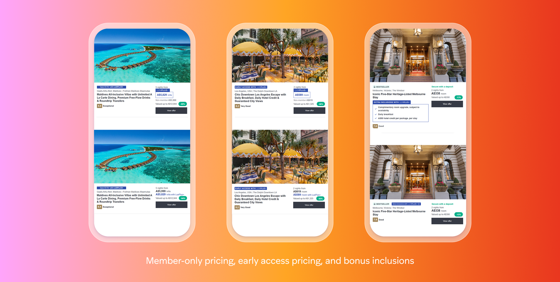 three cell phones showing different vacation packages with the words member only pricing early access pricing and bonus inclusions