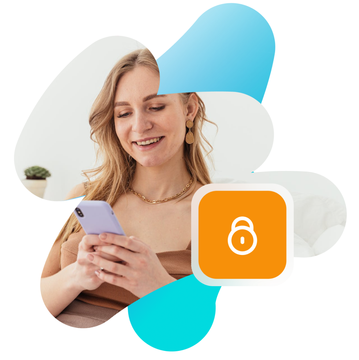 a woman is smiling while looking at her cell phone