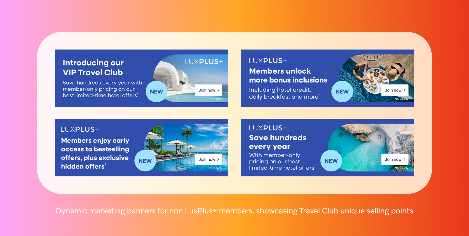 four luxplus banners are displayed on a red background